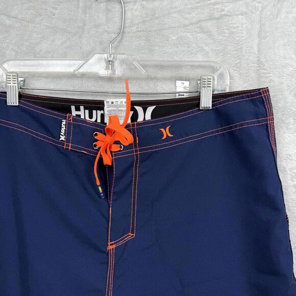 Hurley Navy Board Shorts Men Sz 34 Orange Stitch Surf Swim Trunks Pocket Beach - Picture 3 of 10